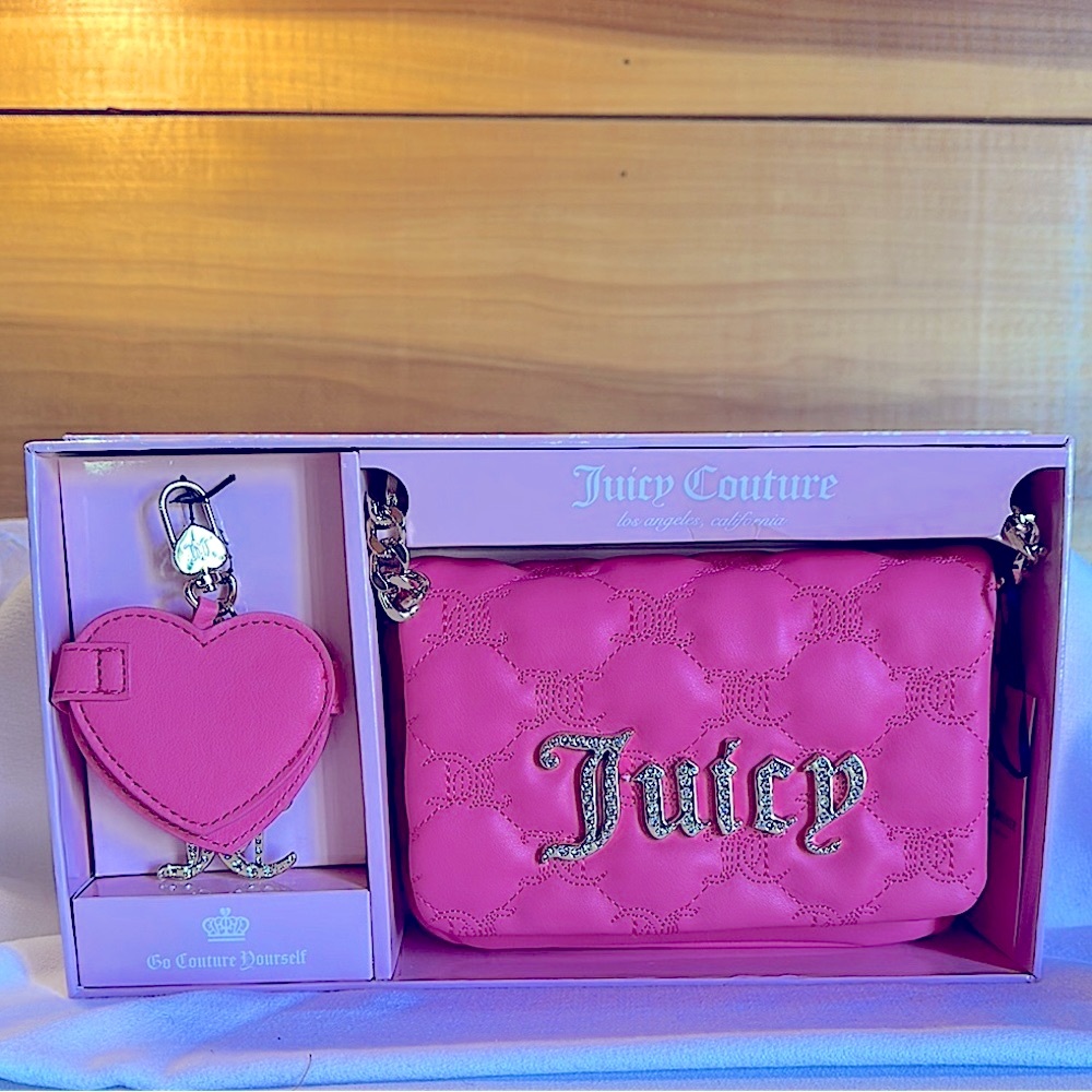 Juicy Couture Pink Crossbody Purse with Keychain Mirror 2 piece Set in Box